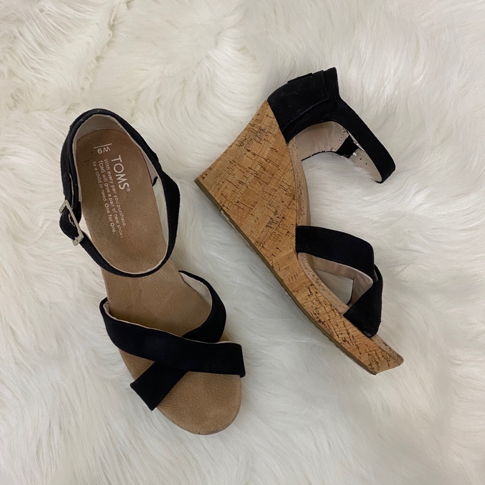 TOMS Sienna Black Cork Wedge Heel Sandals